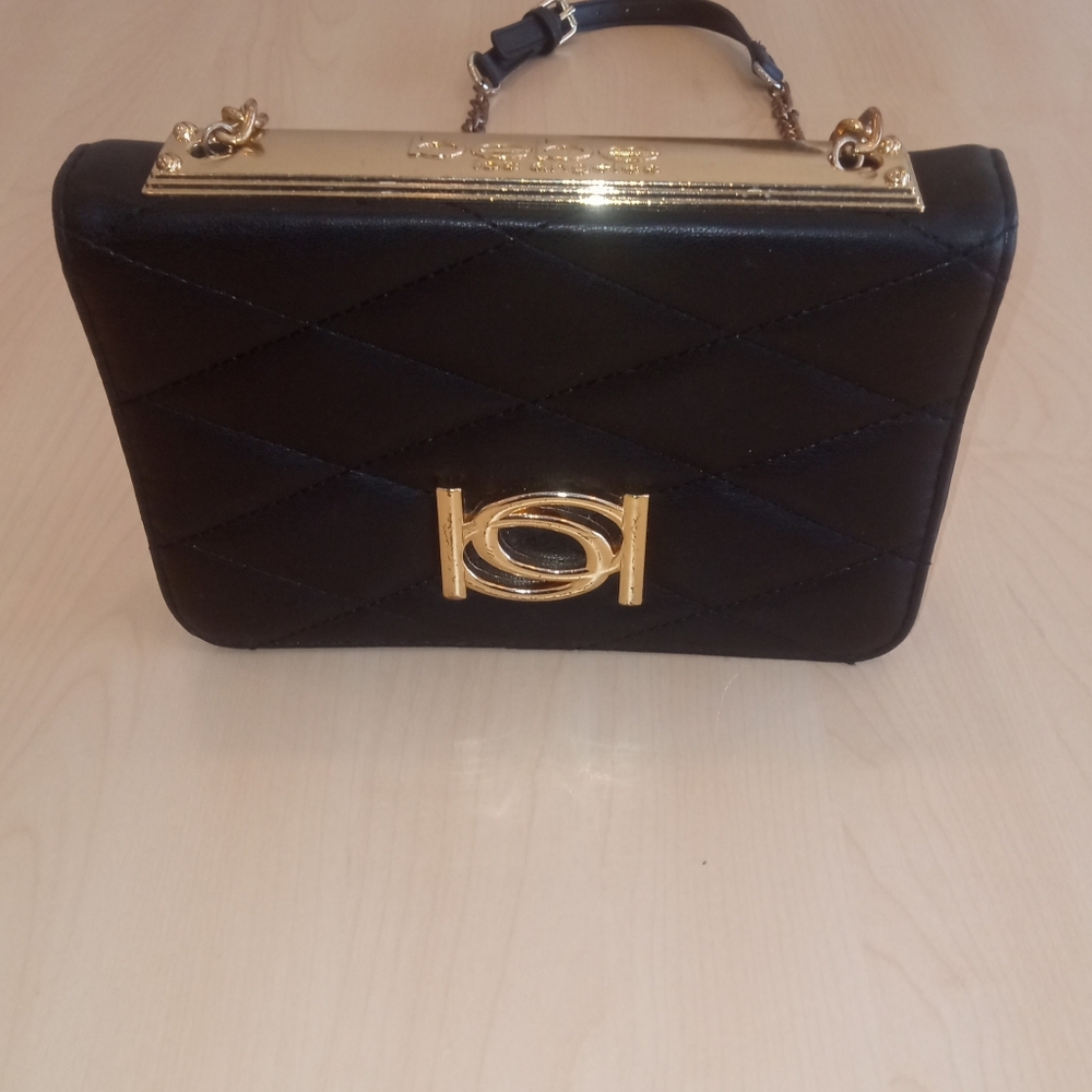 Bebe Crossbody Abigail Black and Gold Logo Top Quilted Handbag Purse